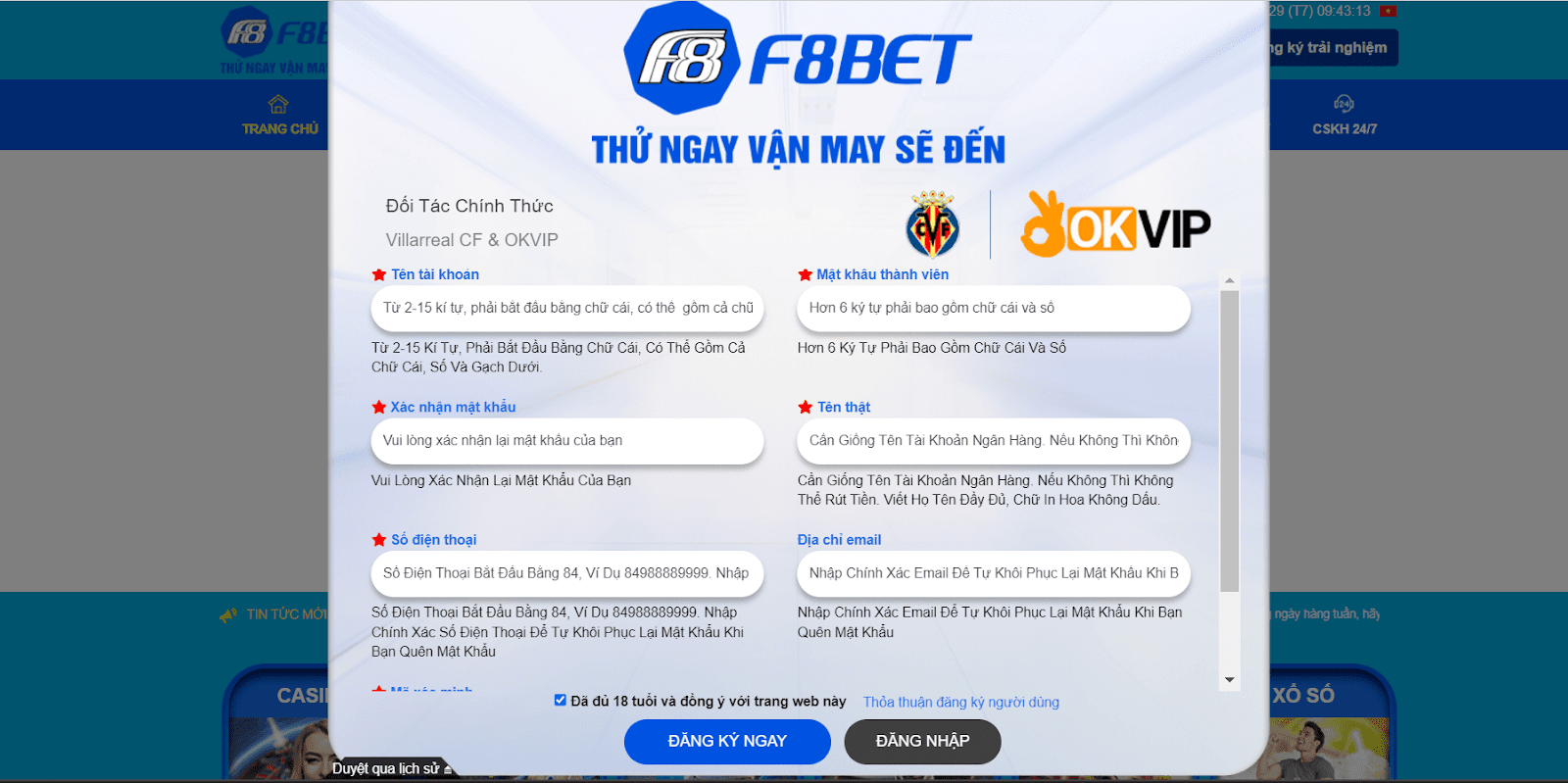 Đăng ký tài khoản F8bet